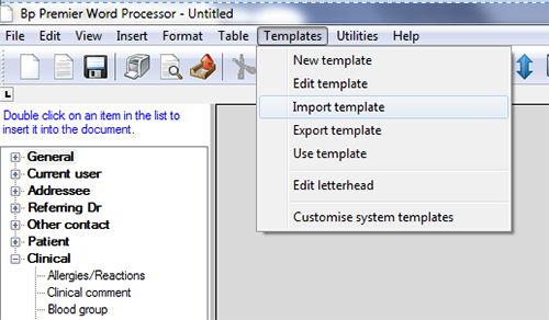 screenshot showing location of import template option