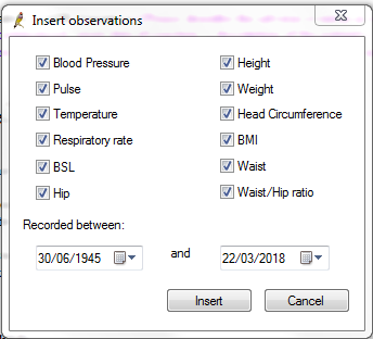 screenshot showing Insert observations dialogue box