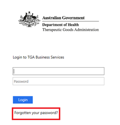 Screenshot of the Login to TGA Business Services page highlighting the 'Forgotten your password?' button