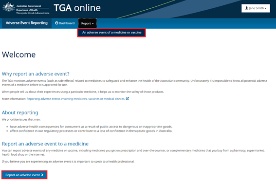Screenshot of the Adverse Event Reporting Welcome page highlighting the 'Report - An adverse event of a medicine or vaccine' button