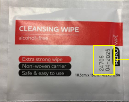 The front of the wipes' packaging highlighting where the batch number is printed.