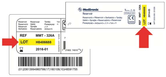 Location of batch number on Medtronic MiniMed insulin reservoirs