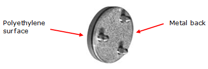 metal-backed patella, showing the polyethylene surface and metal back