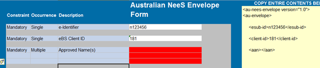 Screenshot of the Australian NeeS Envelope form