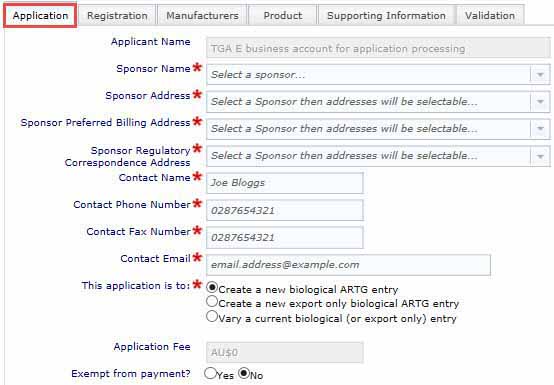 Screenshot showing the Application tab and fields