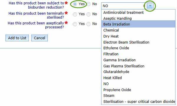 Screenshot showing Bioburden reduction methods options