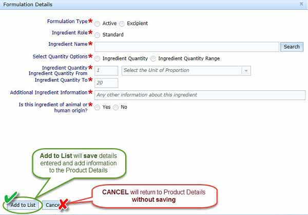 screenshot: Add to list will save details entered and add information to the Product Details; Cancel will return to Product Details without saving