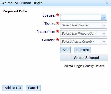 screenshot showing Animal or human origin fields