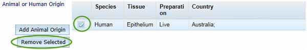 screenshot showing Remove animal or human origin entry button