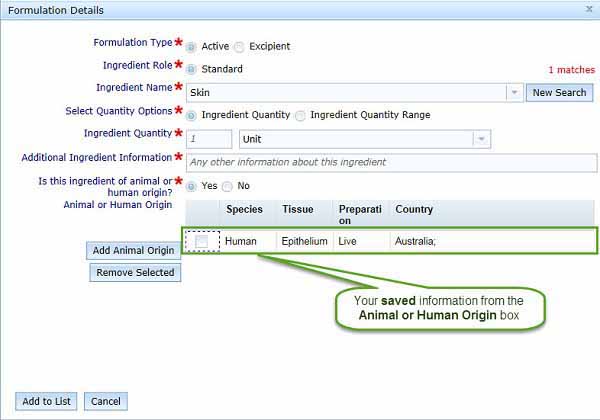 screenshot showing Add animal origin table