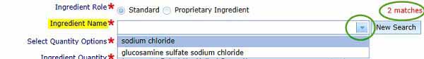 screenshot showing Ingredient name search and number of matches