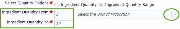 screenshot showing Ingredient quantity range