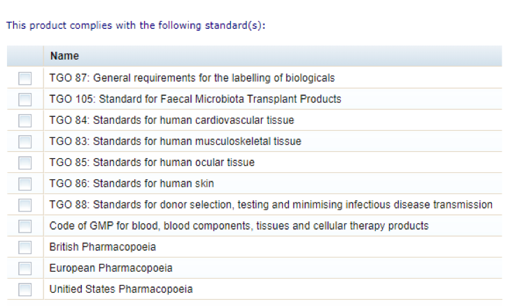 screenshot showing list of biological standards