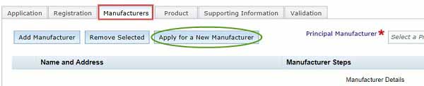 screenshot showing Manufacturers tab and Apply for a new manufacturer tab