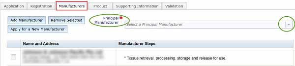 screenshot showing Manufacturer tab and Principal manufacturer field