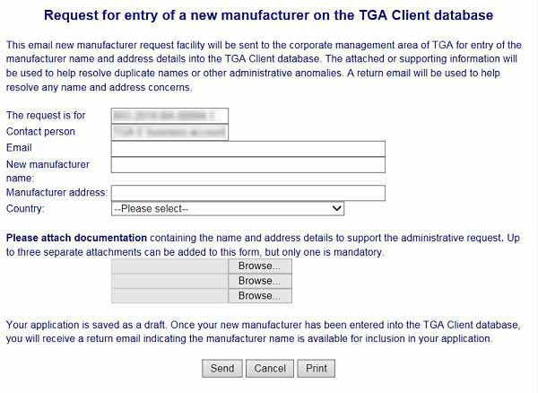 screenshot showing Request for entry of a new manufacturer on the TGA client database