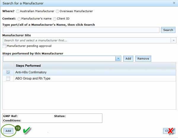 screenshot showning saving manufacturers with Add button ticked and Close button crossed out