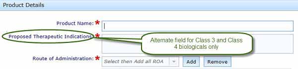 screenshot showing Proposed therapeutic indication field