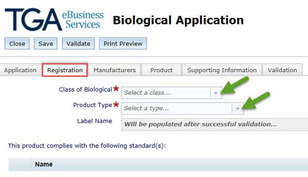 Screenshot showing Registration tab and fields