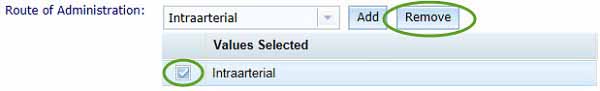 screenshot showing Remove button and checkbox for deleting route of administration