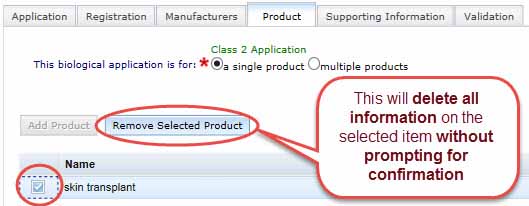 screenshot showing Remove selected product button. This will delete all information on the selected item without prompting for confirmation