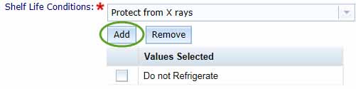 screenshot showing Shelf Life Conditions Add button