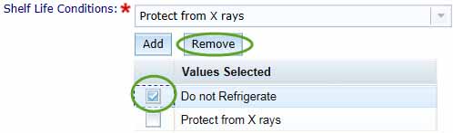 screenshot showing Shelf Life Conditions Remove button