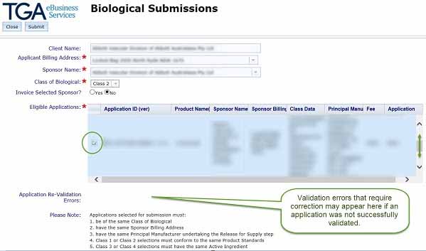 screenshot showing eligible applications - validation errors that require correction may appear if an application was not successfully validated