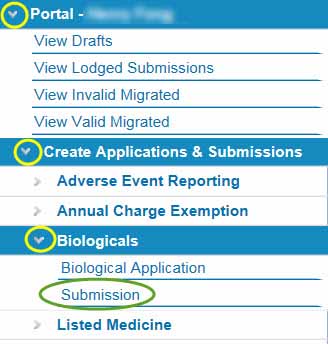 screenshot showing position of Submission in menu