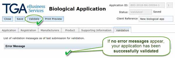 screenshot showing Validation Tab after successful validation - if no error messages appear, your application as been successfully validated