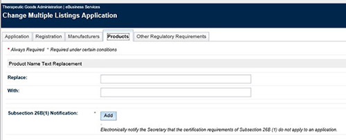 screenshot of eBusiness services - change multiple listings application