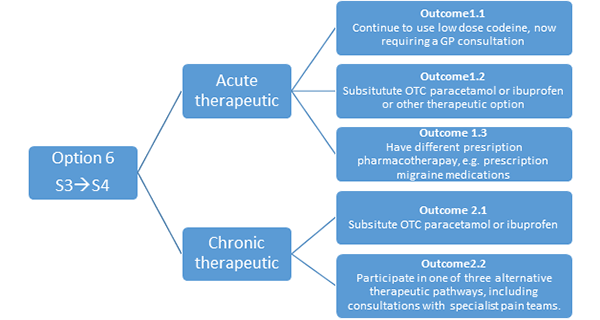 Figure 1: Option 6, S3 to S4 shows two pathways with 3 outcomes on 1 and 2 outcomes on 2