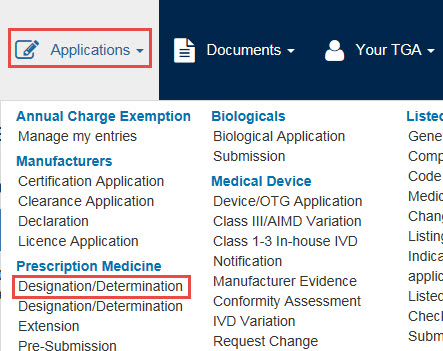 Screenshot: Applications dropdown menu with Designation/Determination Application highlighted