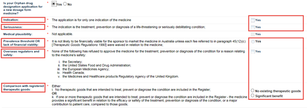 Screenshot: Orphan Drug Designation new dosage form fields and explanatory text