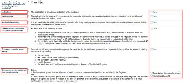 Screenshot: Orphan Drug Designation not a new dosage form fields and explanatory text