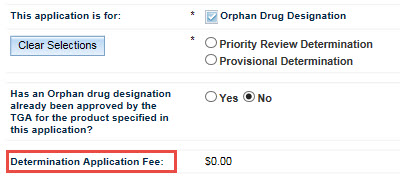 Screenshot: Determination Application fee fields