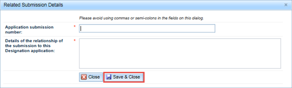 Screenshot: Related submission details fields