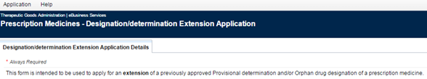 Screenshot showing Designation/determination Extension Application Details tab