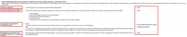 Screenshot showing orphan drug desigation extension fields and explanatory text