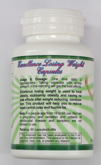 pill bottle for Excellence Losing Weight tablets - rear label