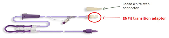 a Flocare transition set, highlighting the loose white step connector and ENFit transition adaptor