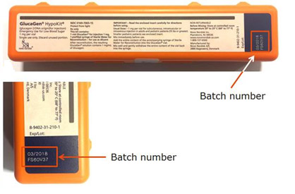 Photos of the GlucaGen HypoKit highlighting the location of the batch number