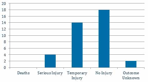 Bar chart: Deaths: 0; Serious injury: 4; Temporary injury: 14; No injury: 18; Outcome unknown: 2