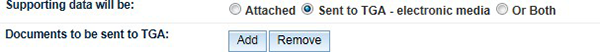 screenshot showing 'Sent to TGA - electronic media' option selected for 'Supporting data will be' field