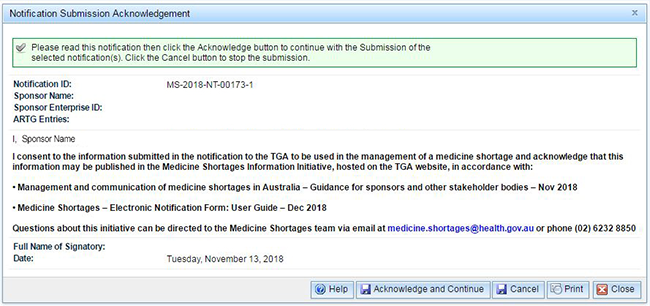 screenshot of Notification Submission Acknowledgement dialogue box