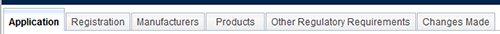 screenshot of Banner tabs: application, registration, manufacturers, products, other regulatory requirements and changes made