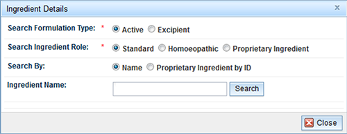 screenshot of ingredient search options