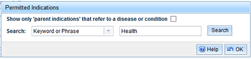 screenshot of Search dialog for permitted indications