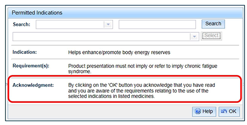 screenshot of Permitted indications highlighting Acknowledgement text