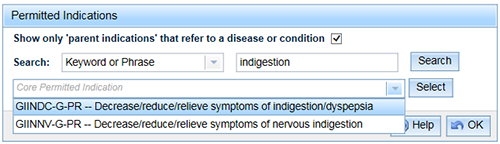 screenshot showing Permitted Indications highlighting Core Permitted Indication